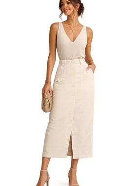 High-Waist Cream Button-Front Midi Skirt
